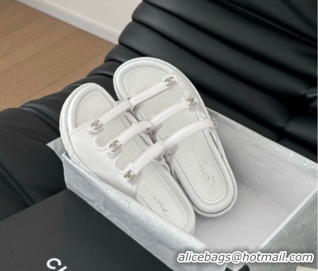 Good Looking Chanel Calfskin Flat Slides Sandal with Multi Strap White 0102146