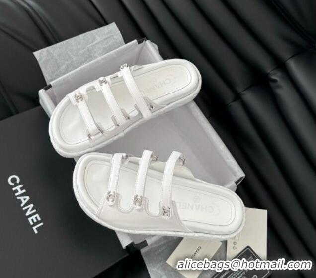 Good Looking Chanel Calfskin Flat Slides Sandal with Multi Strap White 0102146