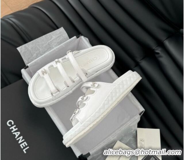 Good Looking Chanel Calfskin Flat Slides Sandal with Multi Strap White 0102146