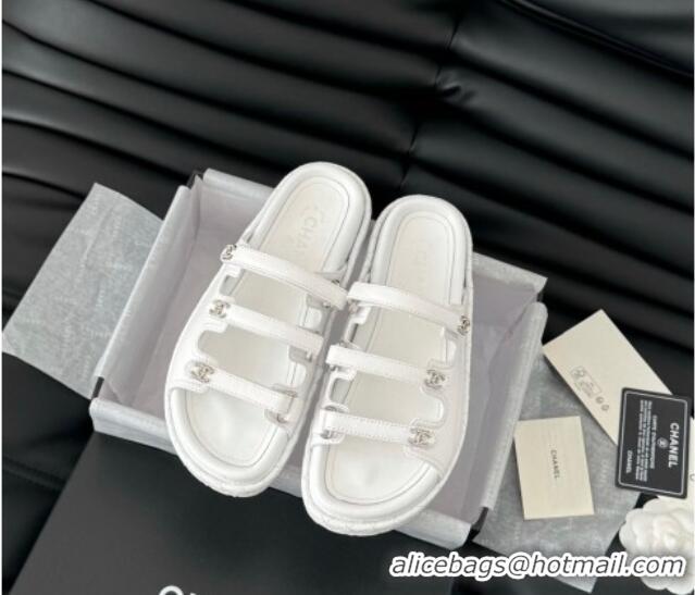 Good Looking Chanel Calfskin Flat Slides Sandal with Multi Strap White 0102146