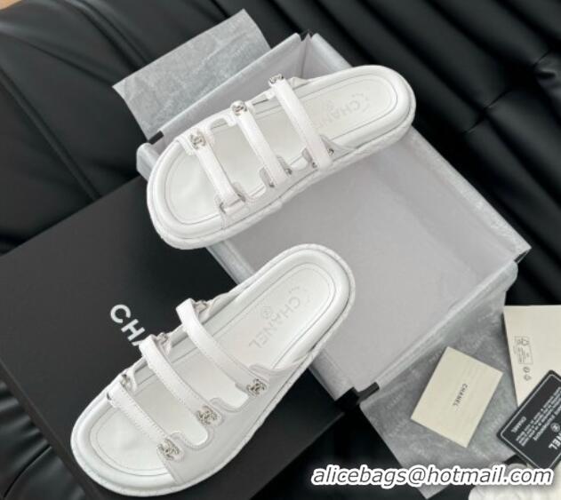 Good Looking Chanel Calfskin Flat Slides Sandal with Multi Strap White 0102146