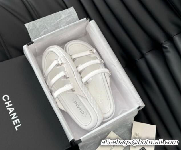 Good Looking Chanel Calfskin Flat Slides Sandal with Multi Strap White 0102146