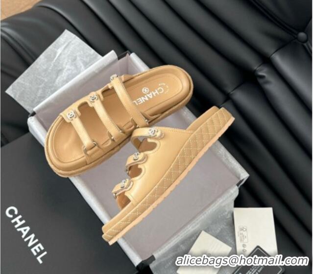 Pretty Style Chanel Calfskin Flat Slides Sandal with Multi Strap Dark Beige 0102147