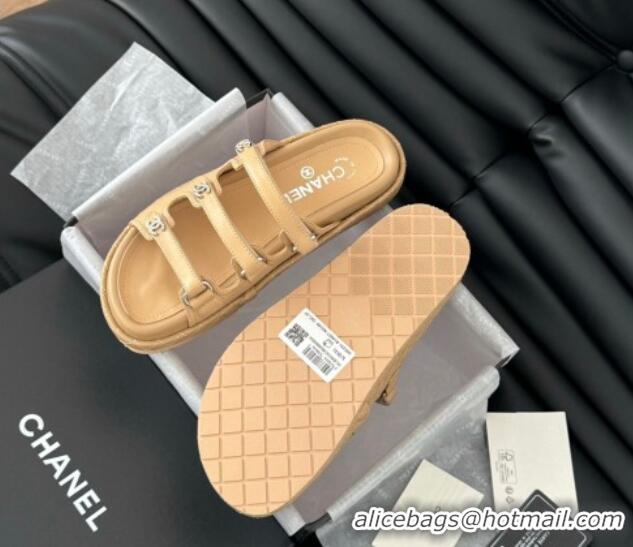 Pretty Style Chanel Calfskin Flat Slides Sandal with Multi Strap Dark Beige 0102147