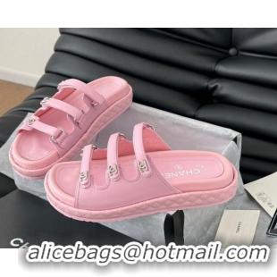 Best Price Chanel Calfskin Flat Slides Sandal with Multi Strap Pink 0102148