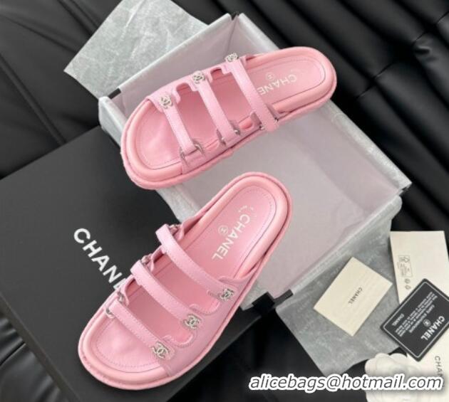 Best Price Chanel Calfskin Flat Slides Sandal with Multi Strap Pink 0102148