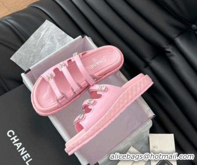 Best Price Chanel Calfskin Flat Slides Sandal with Multi Strap Pink 0102148