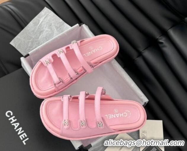 Best Price Chanel Calfskin Flat Slides Sandal with Multi Strap Pink 0102148