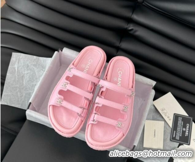 Best Price Chanel Calfskin Flat Slides Sandal with Multi Strap Pink 0102148