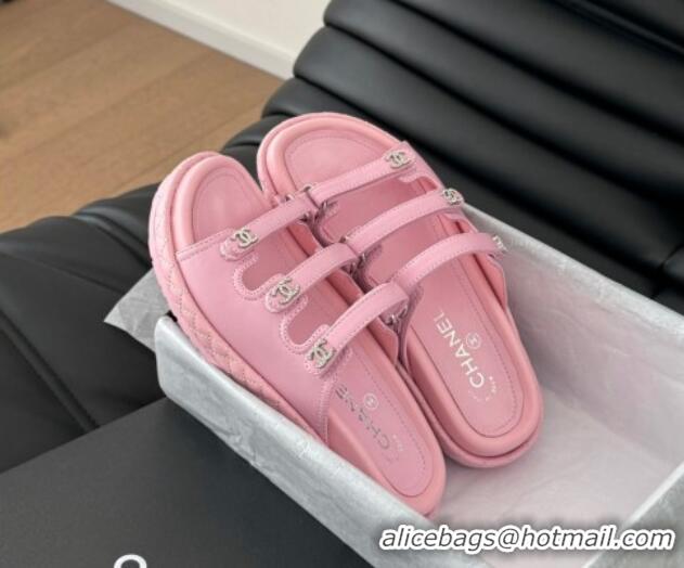 Best Price Chanel Calfskin Flat Slides Sandal with Multi Strap Pink 0102148