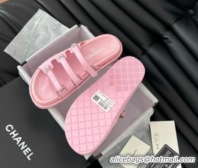 Best Price Chanel Calfskin Flat Slides Sandal with Multi Strap Pink 0102148