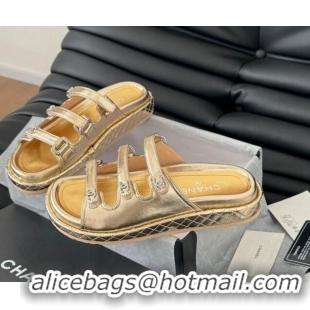 Purchase Chanel Calfskin Flat Slides Sandal with Multi Strap Gold 0102149