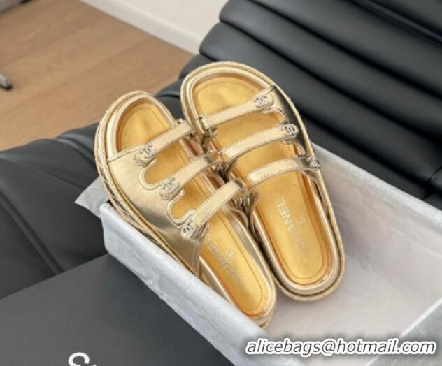 Purchase Chanel Calfskin Flat Slides Sandal with Multi Strap Gold 0102149