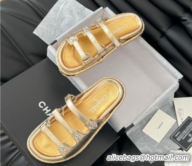 Purchase Chanel Calfskin Flat Slides Sandal with Multi Strap Gold 0102149