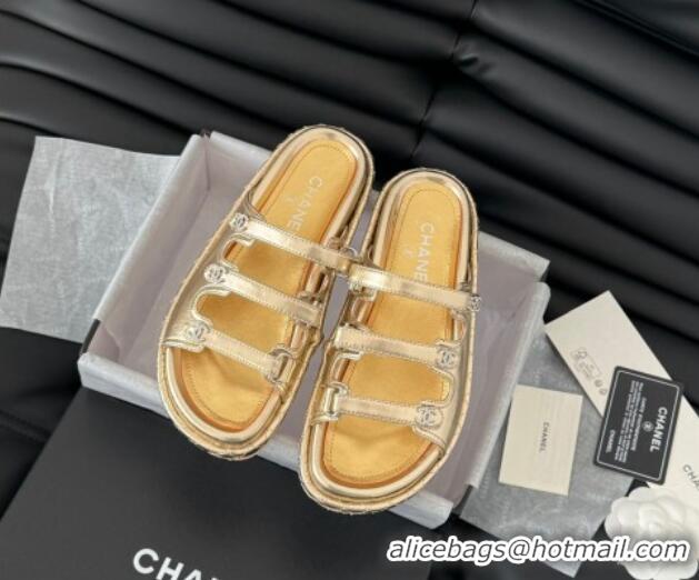 Purchase Chanel Calfskin Flat Slides Sandal with Multi Strap Gold 0102149