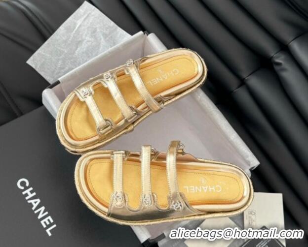 Purchase Chanel Calfskin Flat Slides Sandal with Multi Strap Gold 0102149