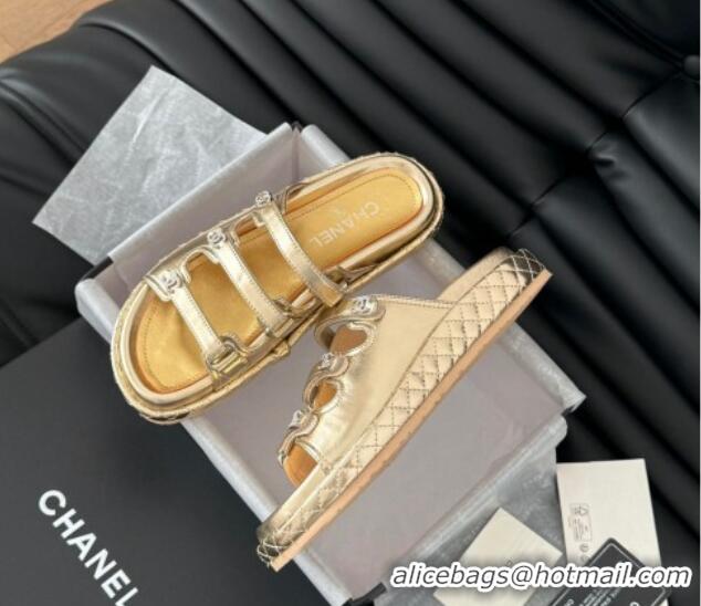 Purchase Chanel Calfskin Flat Slides Sandal with Multi Strap Gold 0102149