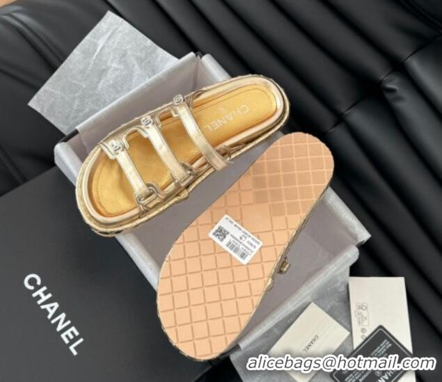 Purchase Chanel Calfskin Flat Slides Sandal with Multi Strap Gold 0102149