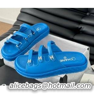 Top Design Chanel Calfskin Flat Slides Sandal with Multi Strap Blue 0102150