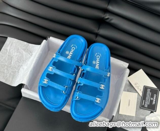 Top Design Chanel Calfskin Flat Slides Sandal with Multi Strap Blue 0102150