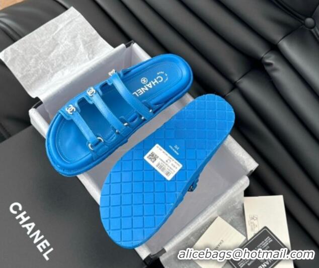 Top Design Chanel Calfskin Flat Slides Sandal with Multi Strap Blue 0102150