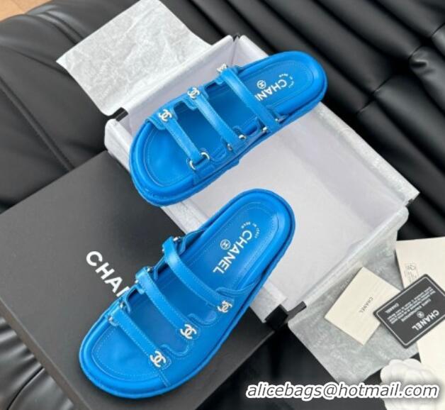 Top Design Chanel Calfskin Flat Slides Sandal with Multi Strap Blue 0102150