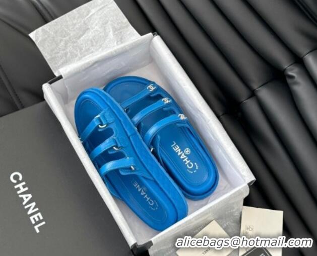 Top Design Chanel Calfskin Flat Slides Sandal with Multi Strap Blue 0102150