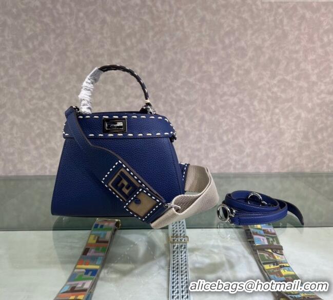 Top Design Fendi Peekaboo Mini Bag with Topstitches in Romano Leather 8BN244 Blue 2025