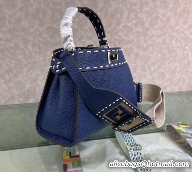 Top Design Fendi Peekaboo Mini Bag with Topstitches in Romano Leather 8BN244 Blue 2025