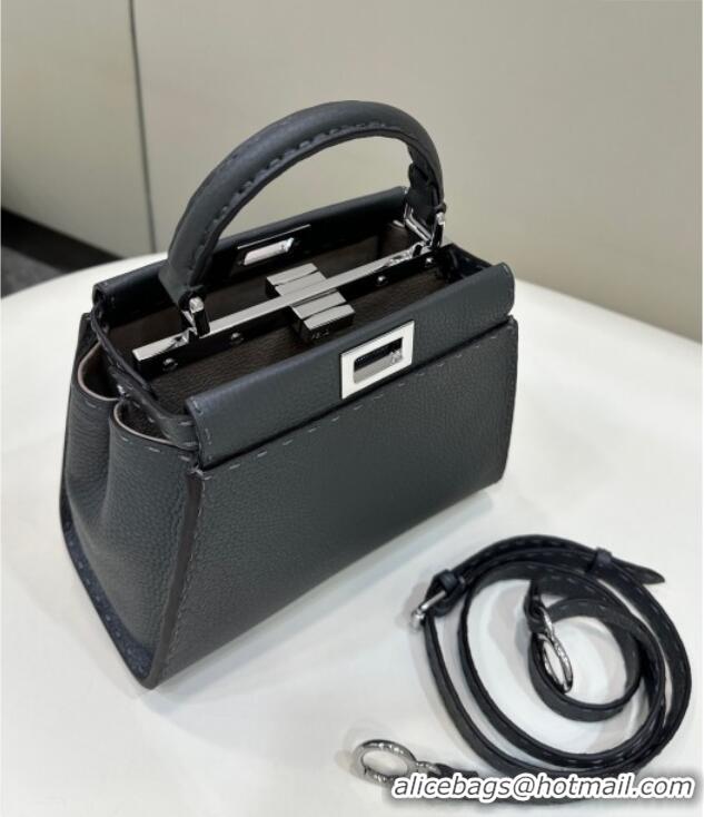 Top Grade Fendi Peekaboo Mini Bag in Litchi-Grained Leather 2590 Dark Grey 2025