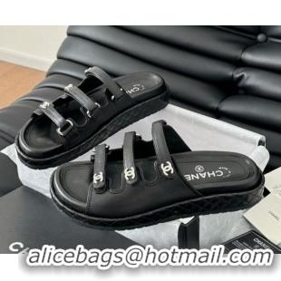 Best Price Chanel Calfskin Flat Slides Sandal with Multi Strap Black 0102151