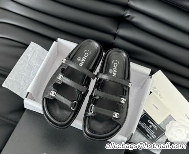 Best Price Chanel Calfskin Flat Slides Sandal with Multi Strap Black 0102151