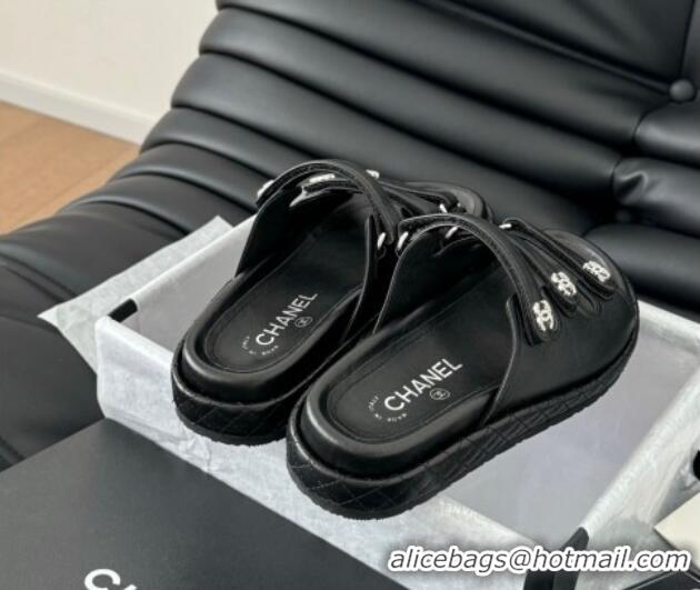 Best Price Chanel Calfskin Flat Slides Sandal with Multi Strap Black 0102151