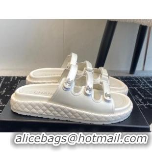 Unique Style Chanel Calfskin Flat Slides Sandal with Multi Strap White 0102152