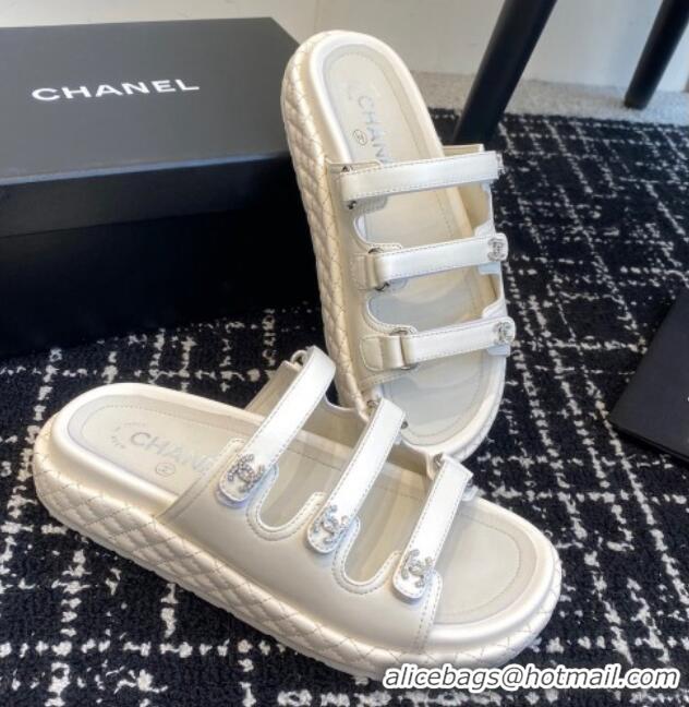 Unique Style Chanel Calfskin Flat Slides Sandal with Multi Strap White 0102152