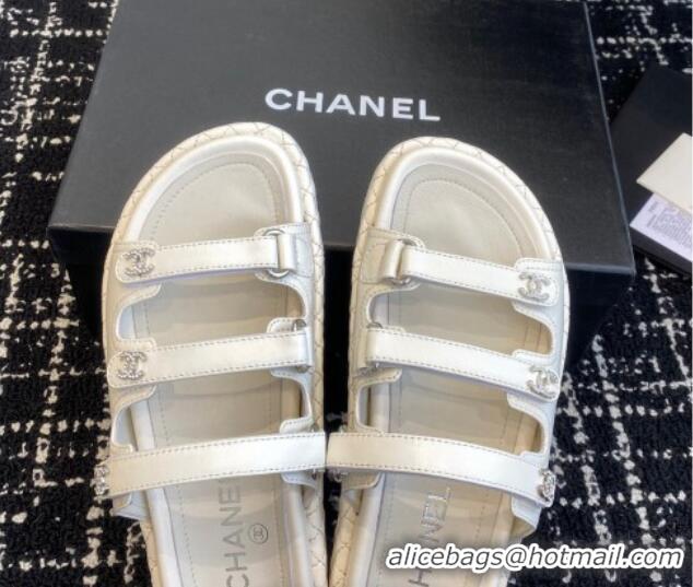 Unique Style Chanel Calfskin Flat Slides Sandal with Multi Strap White 0102152