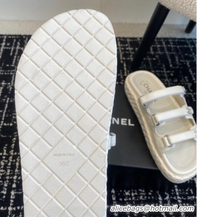 Unique Style Chanel Calfskin Flat Slides Sandal with Multi Strap White 0102152