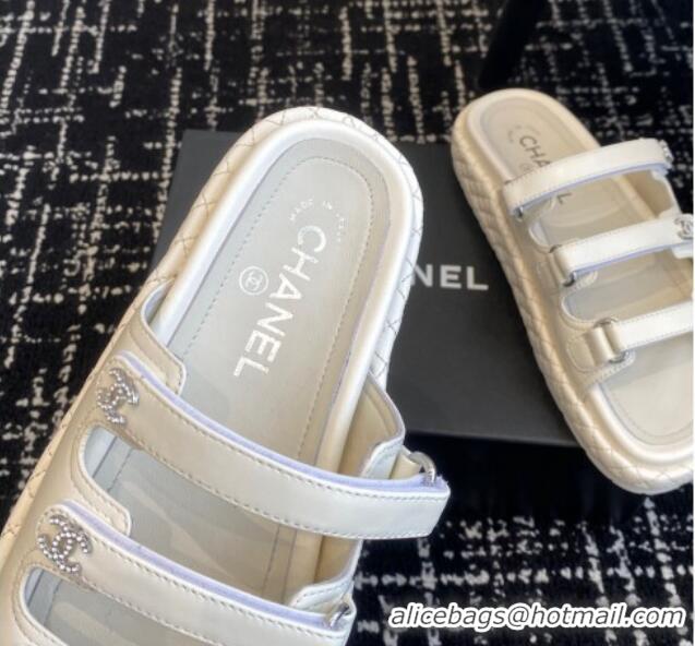 Unique Style Chanel Calfskin Flat Slides Sandal with Multi Strap White 0102152