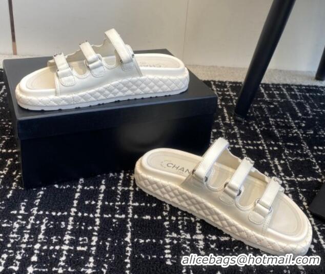 Unique Style Chanel Calfskin Flat Slides Sandal with Multi Strap White 0102152