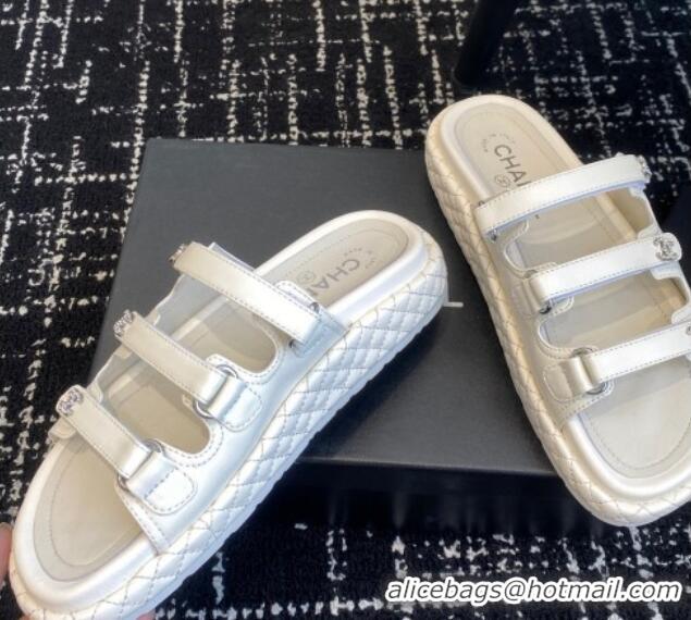 Unique Style Chanel Calfskin Flat Slides Sandal with Multi Strap White 0102152