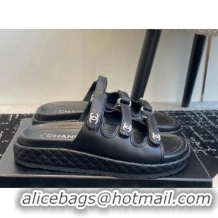 Top Design Chanel Calfskin Flat Slides Sandal with Multi Strap Black 0102153