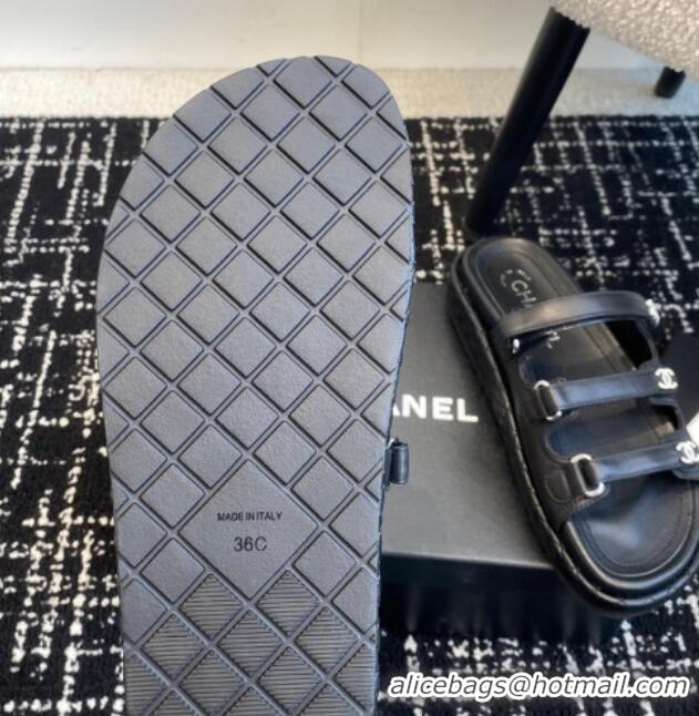 Top Design Chanel Calfskin Flat Slides Sandal with Multi Strap Black 0102153