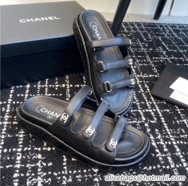 Top Design Chanel Calfskin Flat Slides Sandal with Multi Strap Black 0102153