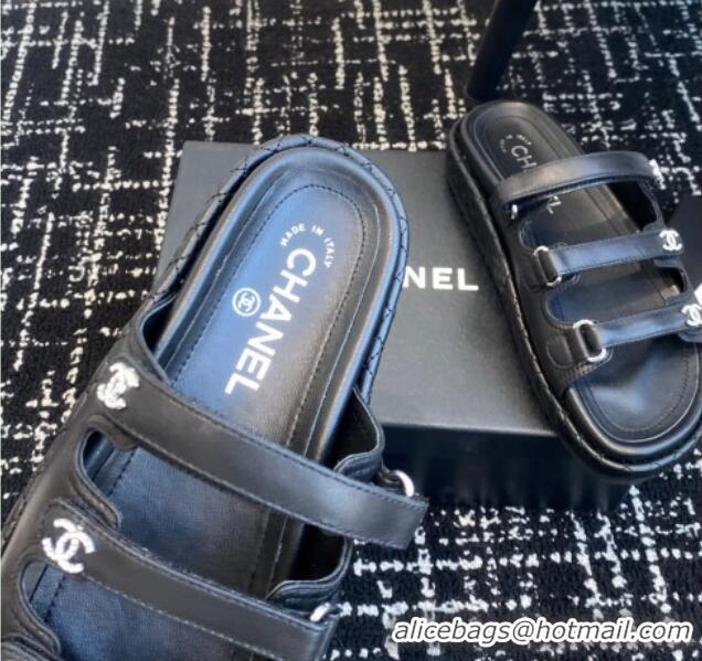 Top Design Chanel Calfskin Flat Slides Sandal with Multi Strap Black 0102153