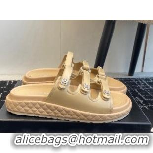 Buy Luxury Chanel Calfskin Flat Slides Sandal with Multi Strap Beige 0102154