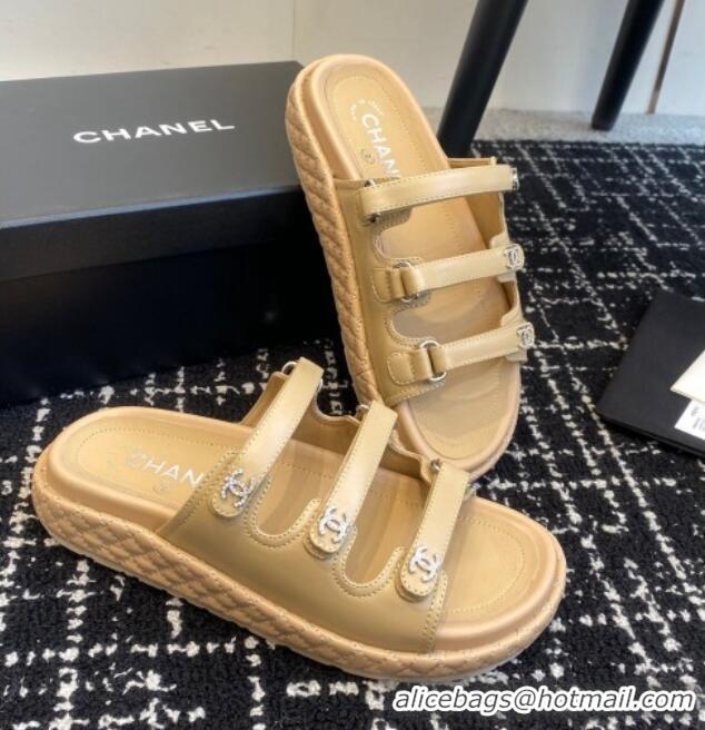 Buy Luxury Chanel Calfskin Flat Slides Sandal with Multi Strap Beige 0102154