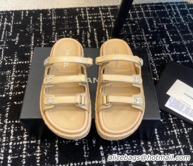 Buy Luxury Chanel Calfskin Flat Slides Sandal with Multi Strap Beige 0102154