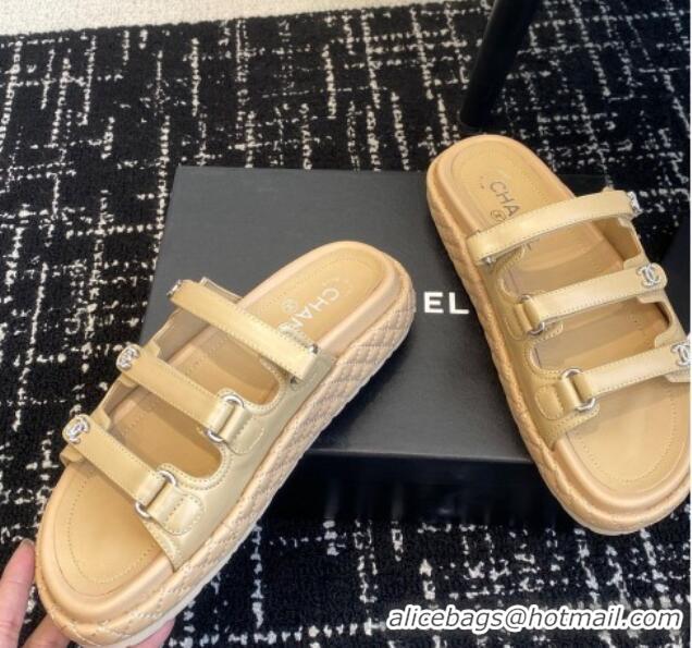 Buy Luxury Chanel Calfskin Flat Slides Sandal with Multi Strap Beige 0102154