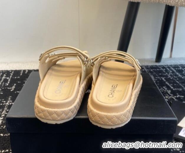 Buy Luxury Chanel Calfskin Flat Slides Sandal with Multi Strap Beige 0102154