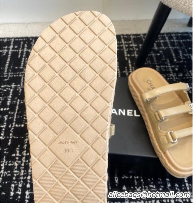 Buy Luxury Chanel Calfskin Flat Slides Sandal with Multi Strap Beige 0102154